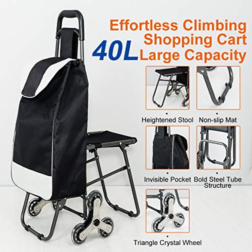 Hershii Carrito de la compra plegable de 6 ruedas con asiento y bolsa de almacenamiento negra extraíble para alimentos, camping, pesca, picnic, viajes