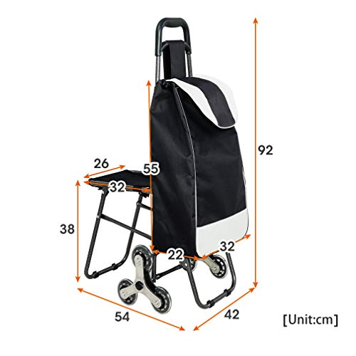 Hershii Carrito de la compra plegable de 6 ruedas con asiento y bolsa de almacenamiento negra extraíble para alimentos, camping, pesca, picnic, viajes