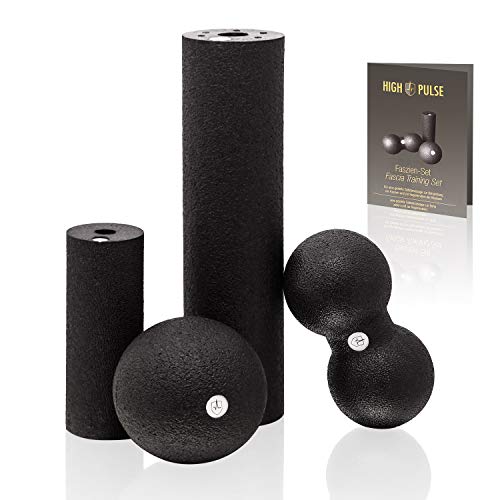 High Pulse® Juego de fascia - Incl. 1 pelotas de fascia, 2 mini rollo de fascia, 1 bola doble y póster de ejercicios, para un masaje preciso y profundo de la fascia y la regeneración de los músculos