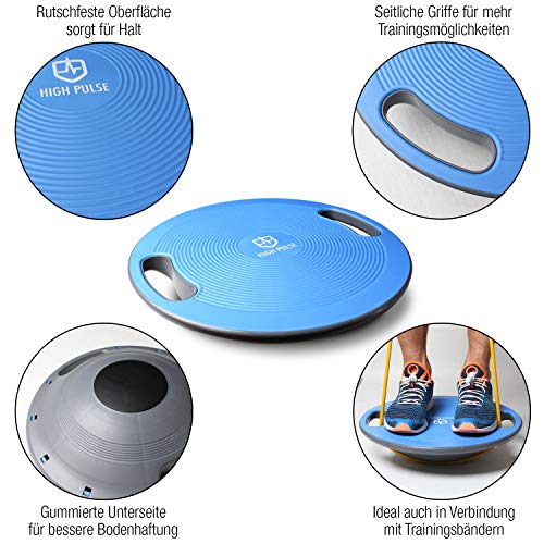 High Pulse Tabla de equilibrio + Poster con ejercicios – Innovadora plataforma con asas para entrenar equilibrio, coordinación y fuerza – Apto para rehabilitación y fisioterapia (Ø 40 cm)