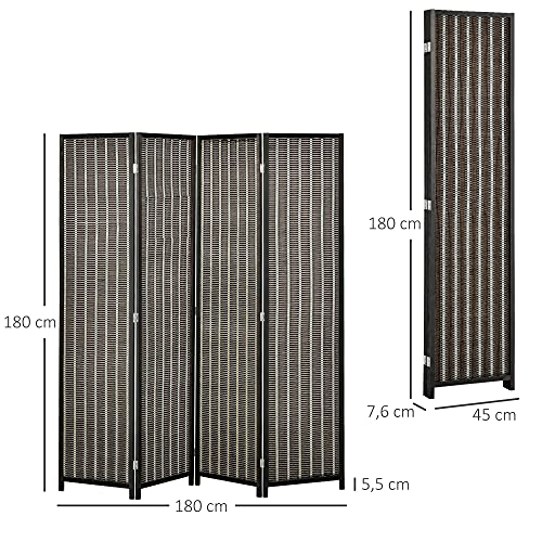 HOMCOM Biombo de 4 Paneles de Bambú Separador de Ambientes Plegable Divisor de Espacios para Dormitorio Salón 180x180x1,9 cm Marrón y Negro