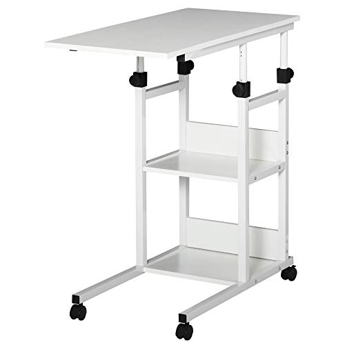 HOMCOM Mesa Auxiliar de Sofá Mesa Lateral en Forma de C con 4 Ruedas Giratorias Frenos Altura Ajustable 3 Niveles Marco Metal 80x40x72-82 cm Blanco