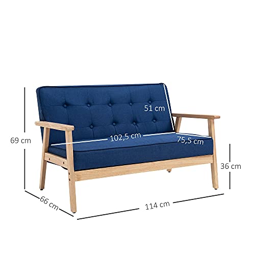 HOMCOM Sofá de 2 Plazas con Respaldo y Cojines Acolchados Patas de Madera Antideslizantes Botones con Mechones Salón Dormitorio Oficina 114x66x69 cm Azul
