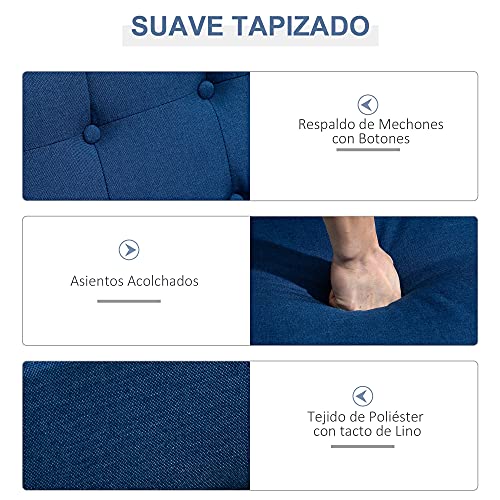 HOMCOM Sofá de 2 Plazas con Respaldo y Cojines Acolchados Patas de Madera Antideslizantes Botones con Mechones Salón Dormitorio Oficina 114x66x69 cm Azul