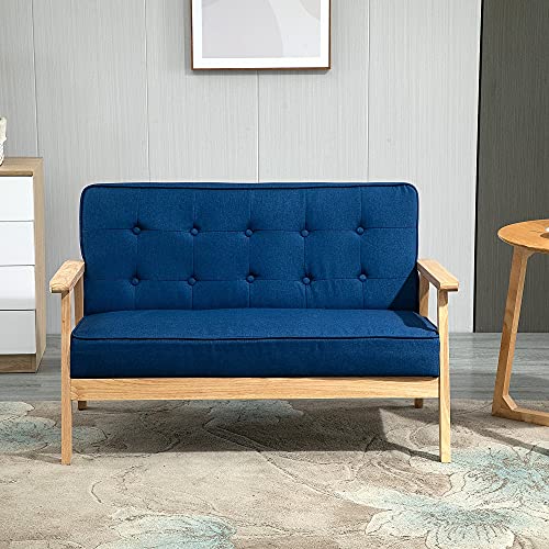 HOMCOM Sofá de 2 Plazas con Respaldo y Cojines Acolchados Patas de Madera Antideslizantes Botones con Mechones Salón Dormitorio Oficina 114x66x69 cm Azul