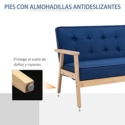 HOMCOM Sofá de 2 Plazas con Respaldo y Cojines Acolchados Patas de Madera Antideslizantes Botones con Mechones Salón Dormitorio Oficina 114x66x69 cm Azul