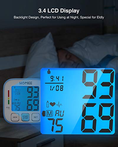 HOMIEE Tensiómetro de Brazo Digital, Monitor de Presión Arterial con Pantalla 3.5'' LCD retroiluminada, Deteccion de Irregular Arritmia, Brazalete 22-42cm, 2x90 Memoria,Tamaño Ligero Portátil