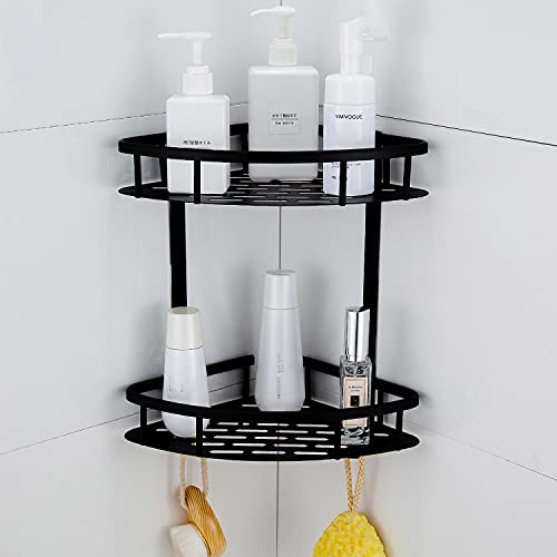 Hoomtaook Rinconera Ducha Bandeja de baño triangular negra, Cesta de ducha, Rinconera, Aluminio aeroespacial, Organizador de baño, Montaje en pared sin taladro, Adhesivo, 2 niveles