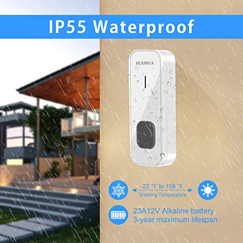 HUANHUA - Timbre inalámbrico IP55 impermeable con 1 receptor de timbre de 300 m, 55 campanas, volumen de 5 niveles y luz para familia, hotel, hospital o fábrica