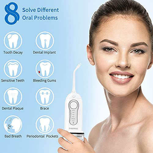 Irrigador Dental, TUREWELL Irrigador Bucal Portátil 260ml USB Recargabl IPX7 Impermeable con 6 Modos 3 Boquillas, Limpiador de Dientes Profesional de Agua Para el Hogar / Viajes (Blanco)