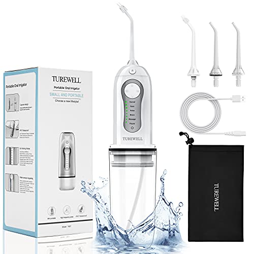 Irrigador Dental, TUREWELL Irrigador Bucal Portátil 260ml USB Recargabl IPX7 Impermeable con 6 Modos 3 Boquillas, Limpiador de Dientes Profesional de Agua Para el Hogar / Viajes (Blanco)