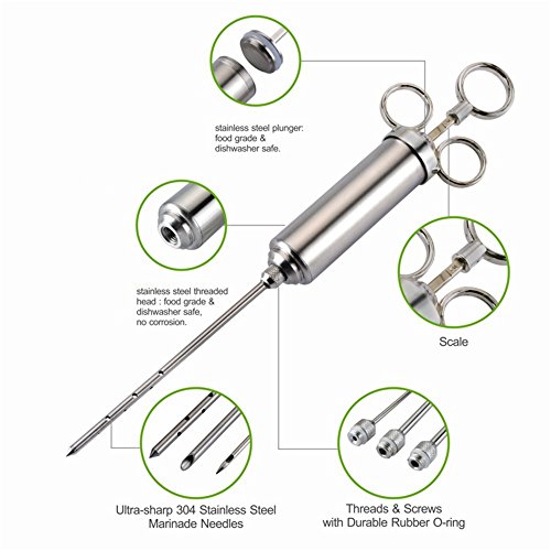 JasCherry Jeringas de Cocina, Jeringa Marinar 60ml con 3 Agujas, Inyectadora para Carne de Acero Inoxidable 304, Jeringa de Especias con Cepillo de Limpieza para Carne Pollo Pastel de Ternera