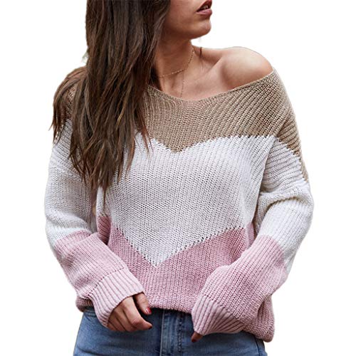 JHD Suéter de Punto de Manga Larga de otoño para Mujer, Jersey de Rayas Sueltas con Bloques de Color, Tops Sexis con Cuello en V, Hombros caídos, Jersey básico Informal, Ropa de Calle