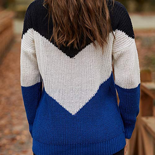 JHD Suéter de Punto de Manga Larga de otoño para Mujer, Jersey de Rayas Sueltas con Bloques de Color, Tops Sexis con Cuello en V, Hombros caídos, Jersey básico Informal, Ropa de Calle