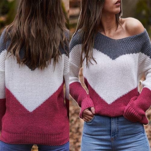 JHD Suéter de Punto de Manga Larga de otoño para Mujer, Jersey de Rayas Sueltas con Bloques de Color, Tops Sexis con Cuello en V, Hombros caídos, Jersey básico Informal, Ropa de Calle