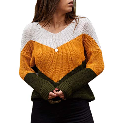 JHD Suéter de Punto de Manga Larga de otoño para Mujer, Jersey de Rayas Sueltas con Bloques de Color, Tops Sexis con Cuello en V, Hombros caídos, Jersey básico Informal, Ropa de Calle