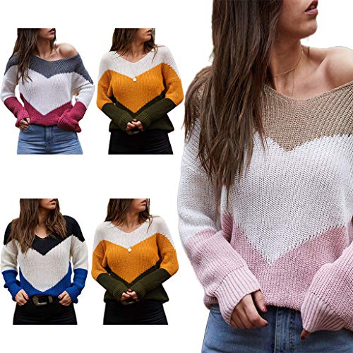 JHD Suéter de Punto de Manga Larga de otoño para Mujer, Jersey de Rayas Sueltas con Bloques de Color, Tops Sexis con Cuello en V, Hombros caídos, Jersey básico Informal, Ropa de Calle