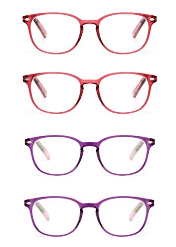 JM Gafas de Presbicia y Lectura. Cómodas y Duraderas con un Diseño Único. Para Mujer. +1.5 [Pack de 2x Rojas 2x Moradas]