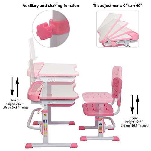 Juego de mesa y silla para niños Kid Estudio Escritorio y silla de 80 cm de elevación accionados a mano sobre la mesa Can Chasis de la inclinación aprendiendo los niños Vector Y Silla rosada con la le