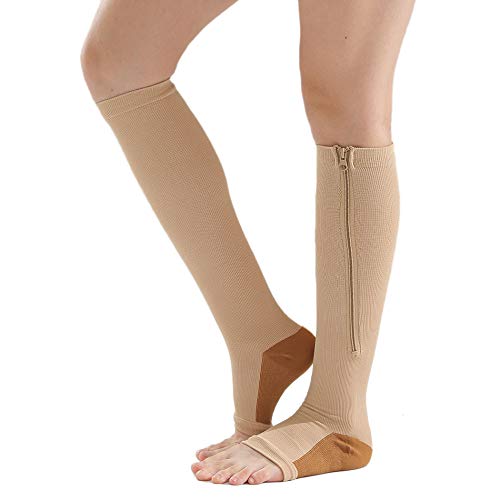 Katigan Medias de CompresióN CalcetíN de CompresióN con Cremallera de Nylon Pierna Soporte de Rodilla Punta Abierta Que Evita Las Venas Varicosas Calcetines EláSticos (Color) L/XL