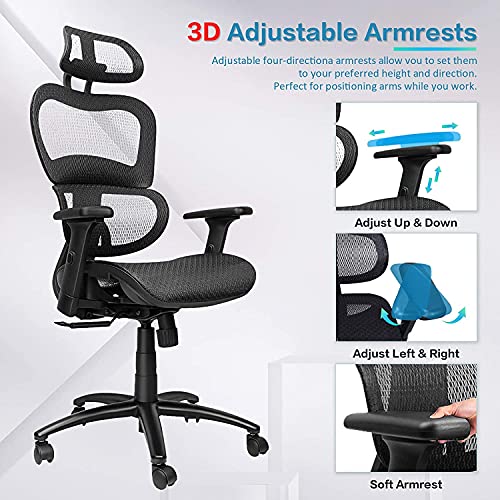 KOMENE - Silla Ergonómica para Escritorio de Oficina, Respaldo y Reposacabezas Ajustables, 3D Reposabrazos Abatibles, Silla Ergonómica para Computadora, Silla Ejecutiva para Juegos o Oficina（Negro）