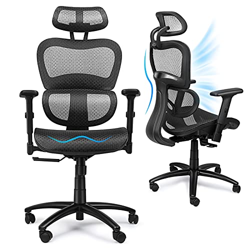 KOMENE - Silla Ergonómica para Escritorio de Oficina, Respaldo y Reposacabezas Ajustables, 3D Reposabrazos Abatibles, Silla Ergonómica para Computadora, Silla Ejecutiva para Juegos o Oficina（Negro）
