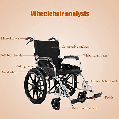 ksamwjf Silla de Ruedas Plegable Liviana autopropulsada Manual, Silla de Ruedas Conveniente Plegable de Acero al Carbono de 20 Pulgadas, con Frenos Dobles y Fe Ajustable