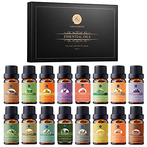 Lagunamoon Aceites Esenciales, Top 16 Set de Regalo de Aceites de Aromaterapia, Lavanda, Eucalipto, Hierba de Limón, Romero, Menta, Arból de Té, Aceites Esenciales para Humidificador, 100% Puros