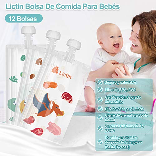 Lictin Bolsa de Alimento Reutilizable para Bebé-12PCS Bolsitas de Comida para Bebé de 210 ml sin BPA PVC para Bebés con Diseño de Patrón