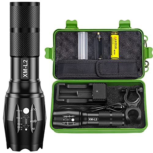 Linterna LED Alta Potencia, 2000 Lúmenes Potentes Táctica Militar Recargable Linterna de Mano, 5 Modos Zoomable Impermeable Antorcha con 18650 Batería para Camping Ciclismo Emergencia
