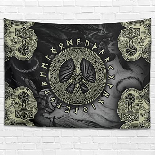Magiböes Tapiz de pared vikingo con diseño de martillo de lobo, escandinavo, con impresión de runas escandinavas, color blanco, 200 x 150 cm