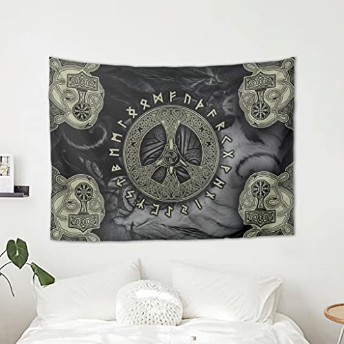 Magiböes Tapiz de pared vikingo con diseño de martillo de lobo, escandinavo, con impresión de runas escandinavas, color blanco, 200 x 150 cm