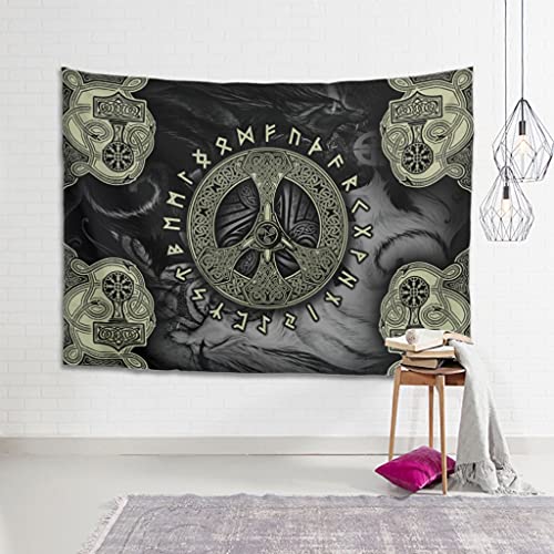 Magiböes Tapiz de pared vikingo con diseño de martillo de lobo, escandinavo, con impresión de runas escandinavas, color blanco, 200 x 150 cm