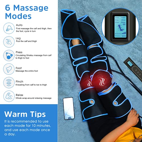 Masajeador de Piernas y Pies, Masaje Eléctrico por Compresión de Aire, Calentamiento de Rodilla, Carga USB, Masajeador con Controlador de Mano, 6 Modos y 3 Intensidades, Relajación Muscular Tensos