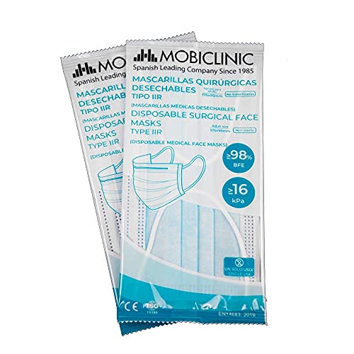 Mascarillas Quirúrgicas IIR, 50 uds, Mobiclinic, Marca Española, Mascarillas médicas homologadas, Envase individual, 3 capas, Filtración bacteriana 99,8%, norma EN 14683:2019, Marcado CE