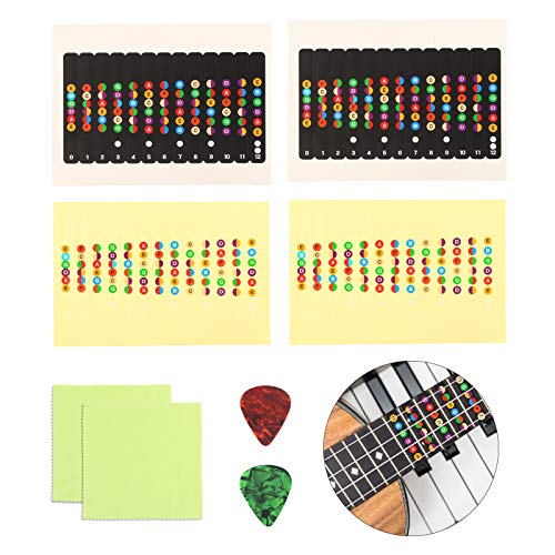 Matogle 4pcs Pegatinas de Notas Guitarra 2pcs Púas de Guitarra Acústicas y Eléctricas de 6 Cuerdas Para Principiantes que Aprenden Pegatinas de Escala de Diapasón Negro y Transparente