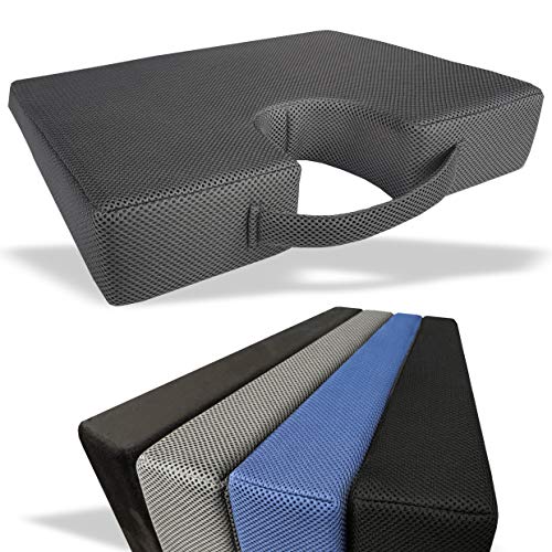 Medipaq Cojín de Asiento en Cuña de Espuma de Memoria Recorte para Coxis – Cojín Lumbar Corrector Soporte de Espalda Ortopédico - Cojín Elevador – Funda de Cojín Malla 3D – Antideslizante – Gris