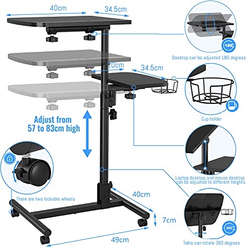 Mesa de ordenador portátil para sofá con ruedas, altura ajustable debajo del sofá, mesa de cama de hospital sobre silla, mesas de cama para minusválidos, ruedas con cerradura, negro mate