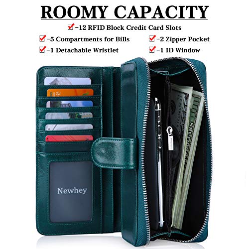 Monederos Mujer Cartera Cuero de Mujer Grande Capacidad Wallet con RFID Bloqueo, Larga Billetera Bolsos con Bolsillo de Cremallera y Correas de Muñeca Azul Eléctrico