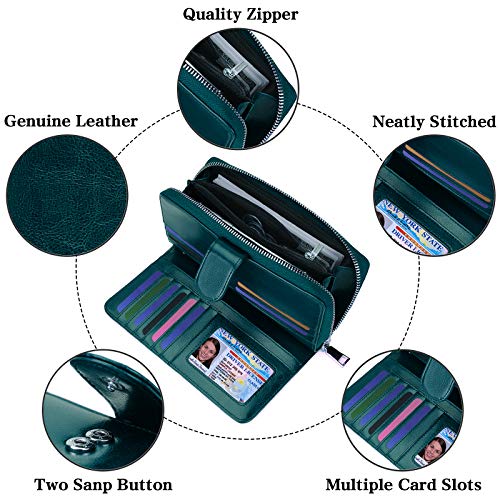 Monederos Mujer Cartera Cuero de Mujer Grande Capacidad Wallet con RFID Bloqueo, Larga Billetera Bolsos con Bolsillo de Cremallera y Correas de Muñeca Azul Eléctrico