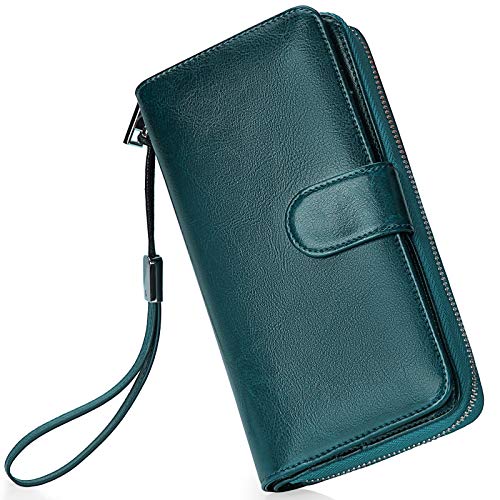 Monederos Mujer Cartera Cuero de Mujer Grande Capacidad Wallet con RFID Bloqueo, Larga Billetera Bolsos con Bolsillo de Cremallera y Correas de Muñeca Azul Eléctrico