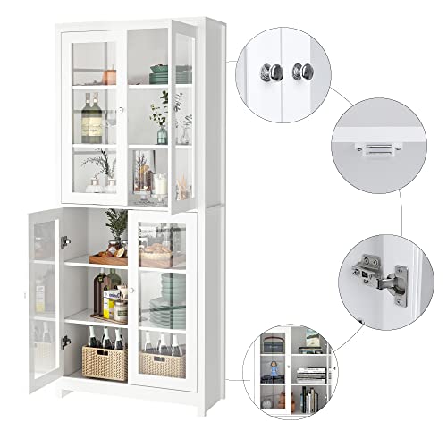 Mueble Vitrina de Cristal, Aparador Cocina, Estanteria para Libros, para Salón, Oficina, Estudio, con 6 Estantes 4 Puertas, Madera y Cristal, Blanco, 80x33x190cm