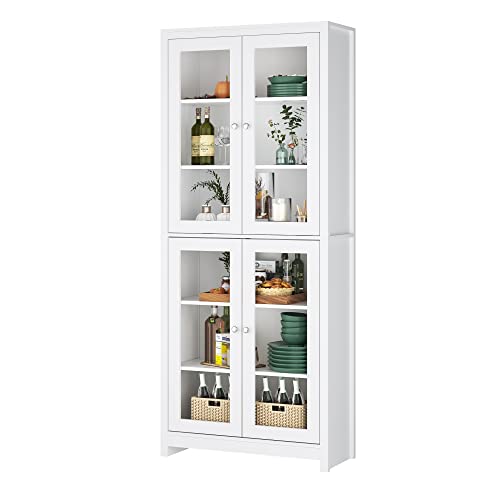 Mueble Vitrina de Cristal, Aparador Cocina, Estanteria para Libros, para Salón, Oficina, Estudio, con 6 Estantes 4 Puertas, Madera y Cristal, Blanco, 80x33x190cm