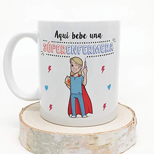 MUGFFINS Enfermera Tazas Originales de café y Desayuno para Regalar a Trabajadores Profesionales - AQUÍ Bebe UNA SÚPER Enfermera - Cerámica 350 ml