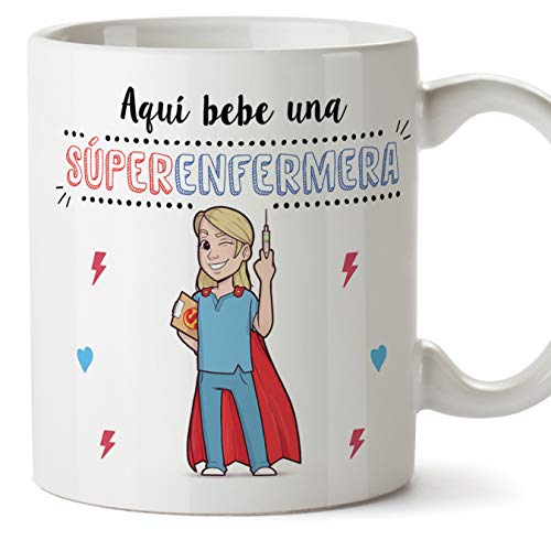 MUGFFINS Enfermera Tazas Originales de café y Desayuno para Regalar a Trabajadores Profesionales - AQUÍ Bebe UNA SÚPER Enfermera - Cerámica 350 ml