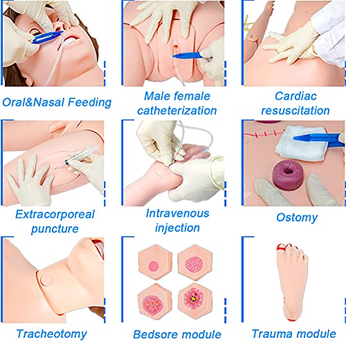 Multifunción Maniqui de Enfermeria 170cm Masculino Muneco Practica Enfermeria Simulador Medico con Intercambio Genitales & Ropa & Módulo de Escaras & Módulo de Trauma & Bolsa de Almacenamiento