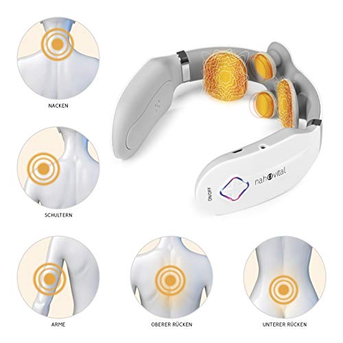 nah-vital® masajeador de cuello con 4 cabezales de masaje y almohadillas EMS adicionales | Función de calor adicional y mando a distancia incluidos | Para aflojar, relajar y regenerar los músculos