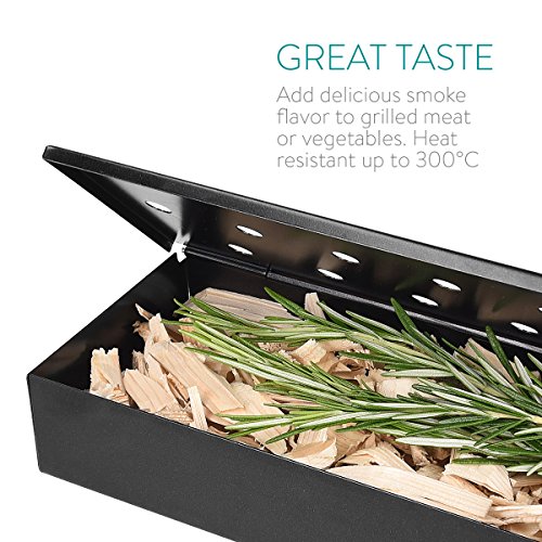 Navaris ahumador para Grill - Caja de ahumar para Gas carbón y leña - Accesorio para Barbacoa de Metal Negro - Smoker Box para Ahumado de Carne