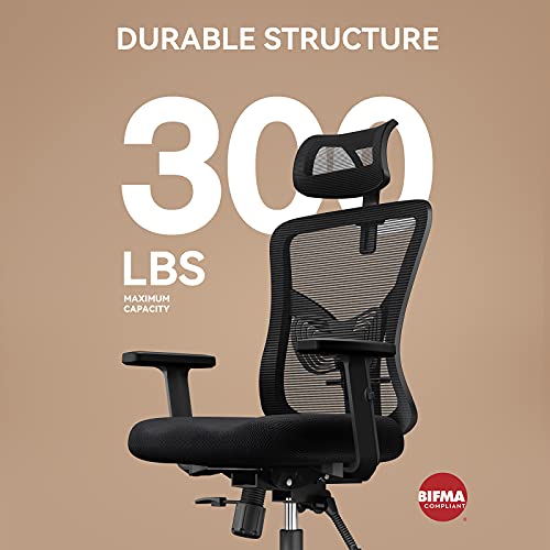 NOBLEWELL Silla de Oficina, Silla de Escritorio ergonómica de Malla con Soporte Lumbar, reposacabezas Ajustable, reposabrazos, Respaldo, Silla giratoria ejecutiva para computadora, Negro