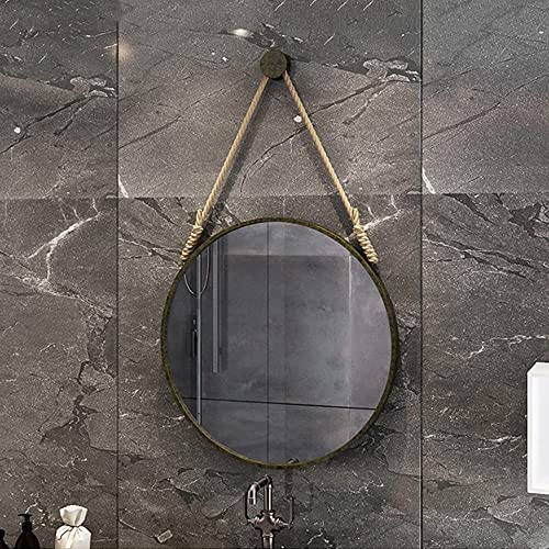 NZKW Espejo de Pared Redondo, Espejo Redondo con Correa de cordón Colgador de Hardware Dorado, Espejo Colgante Redondo con Marco de Metal Cepillado para Dormitorio, Sala de Estar, baño,
